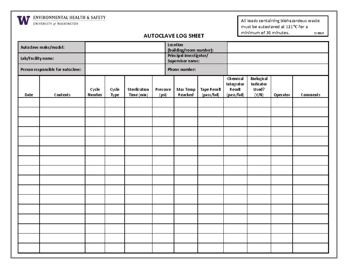 Autoclave Log Sheet Template All Loads Containing Biohazardous 