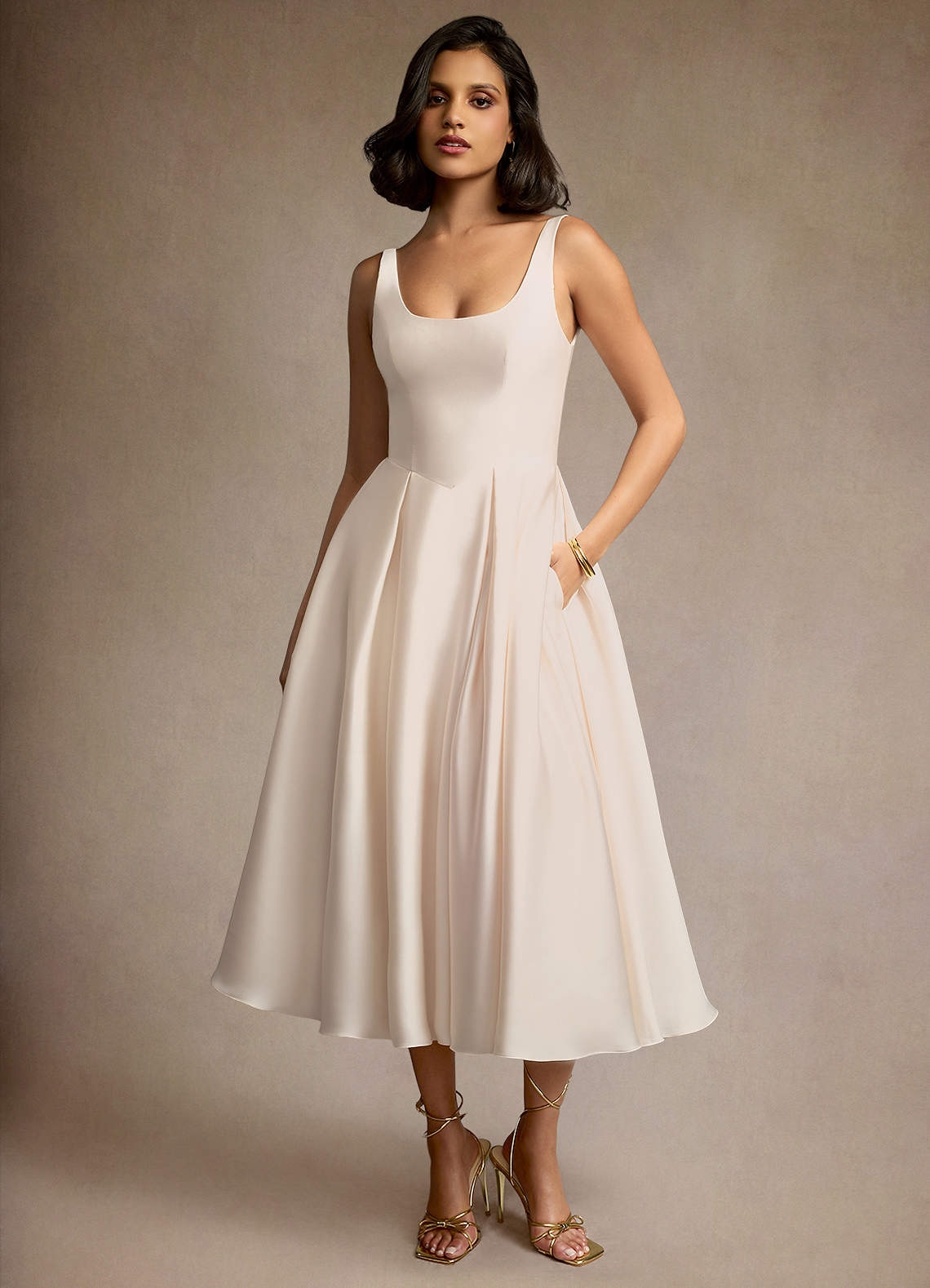 Azazie Plus Size Midi Dresses A Line Wedding Guest Formal Dresses Sleeveless Square Neck Bra Friendly Cream