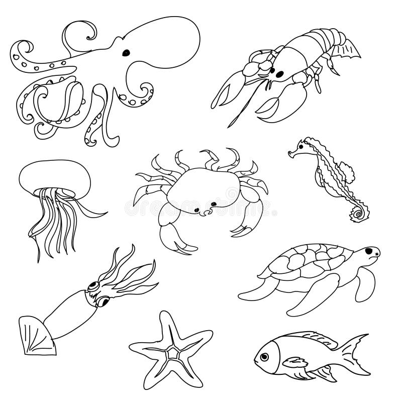 Baby Sea Animals Swimming Under The Sea Marine Nautical Set With Cute Fish Vector Black And White Coloring Page Stock Vector Illustration Of Boat Horsefish 211959339