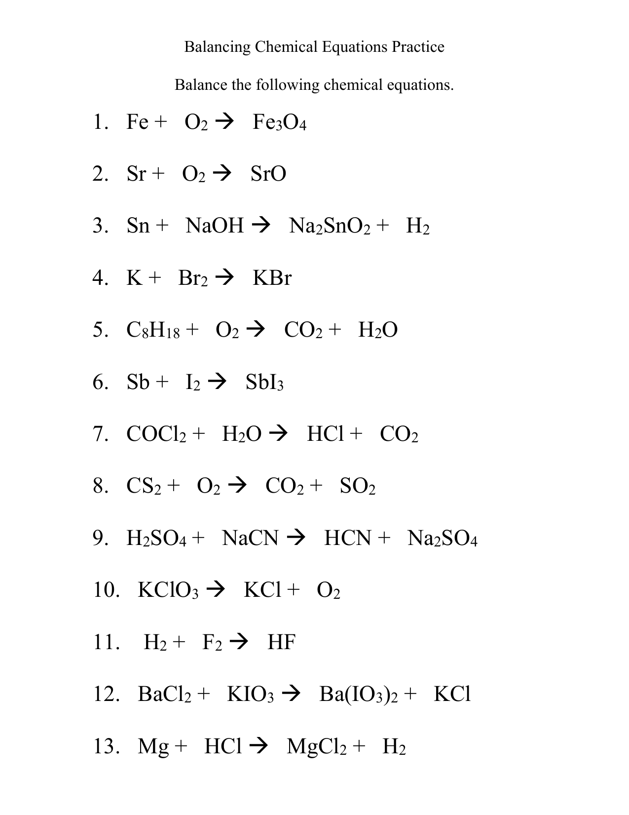 balance chemical equations worksheet