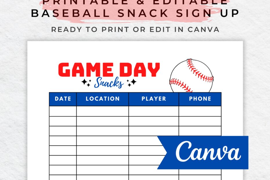 Baseball Snack Schedule Sign Up Sheet Editable Canva Template Printable Etsy