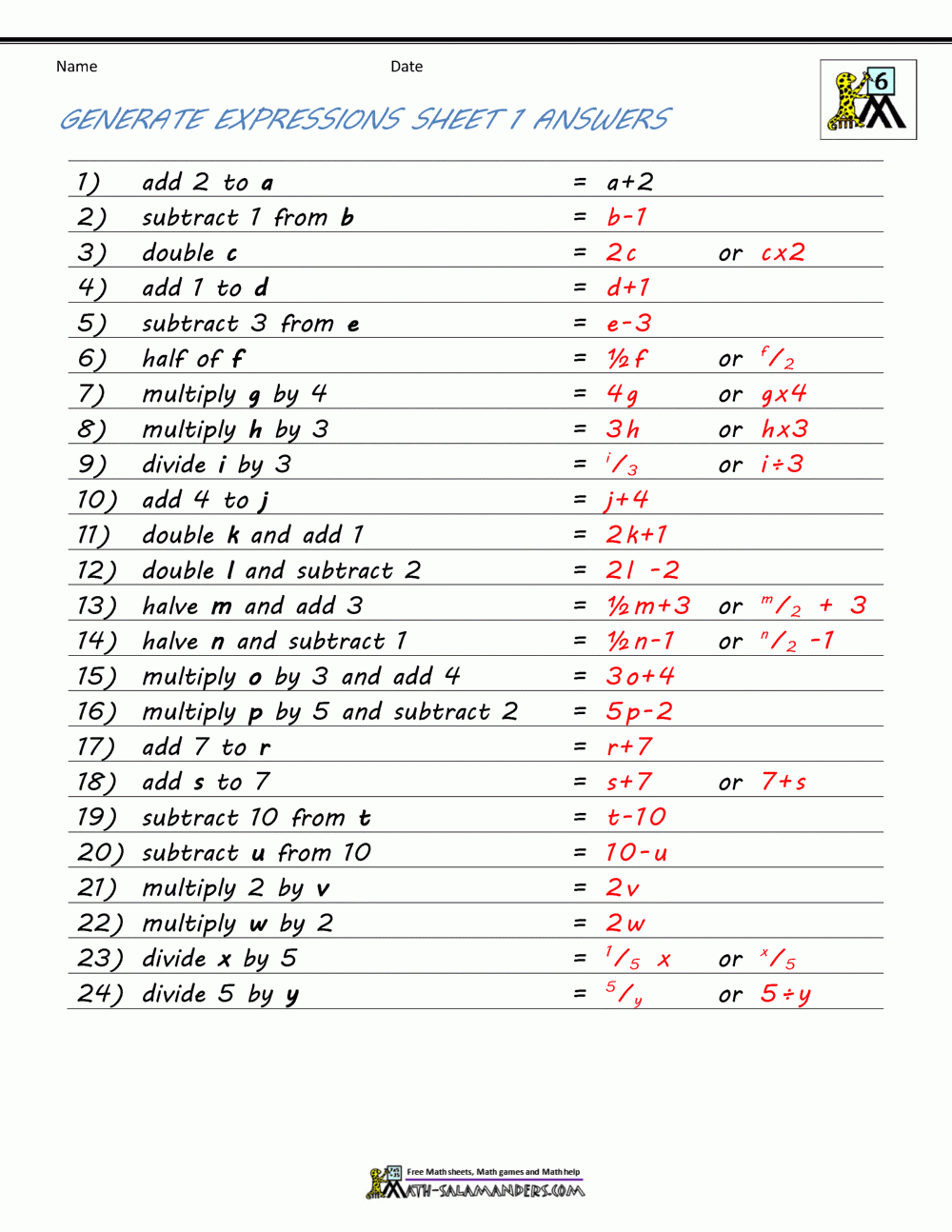 algebra 1 worksheets with answers pdf