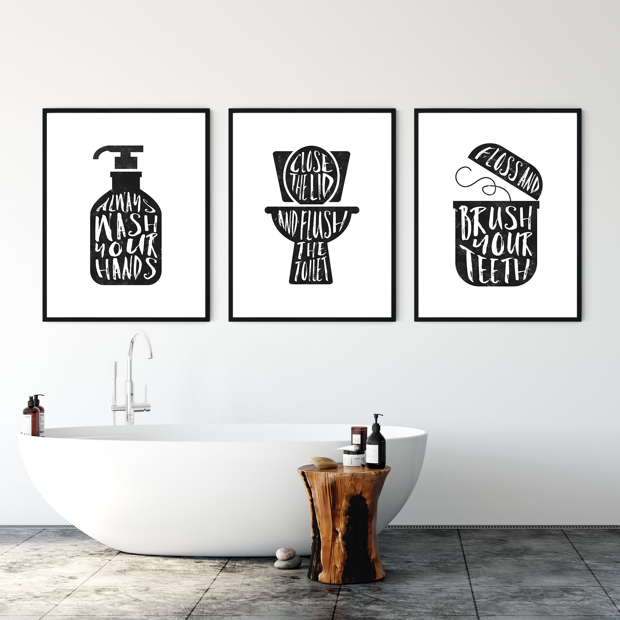 Bathroom Wall Decor Printable Sign Print Set Of 3 Flush Toilet Sign Wash Hand Sign Vintage Signs Hand Lettered Sign Printable Set Etsy UK