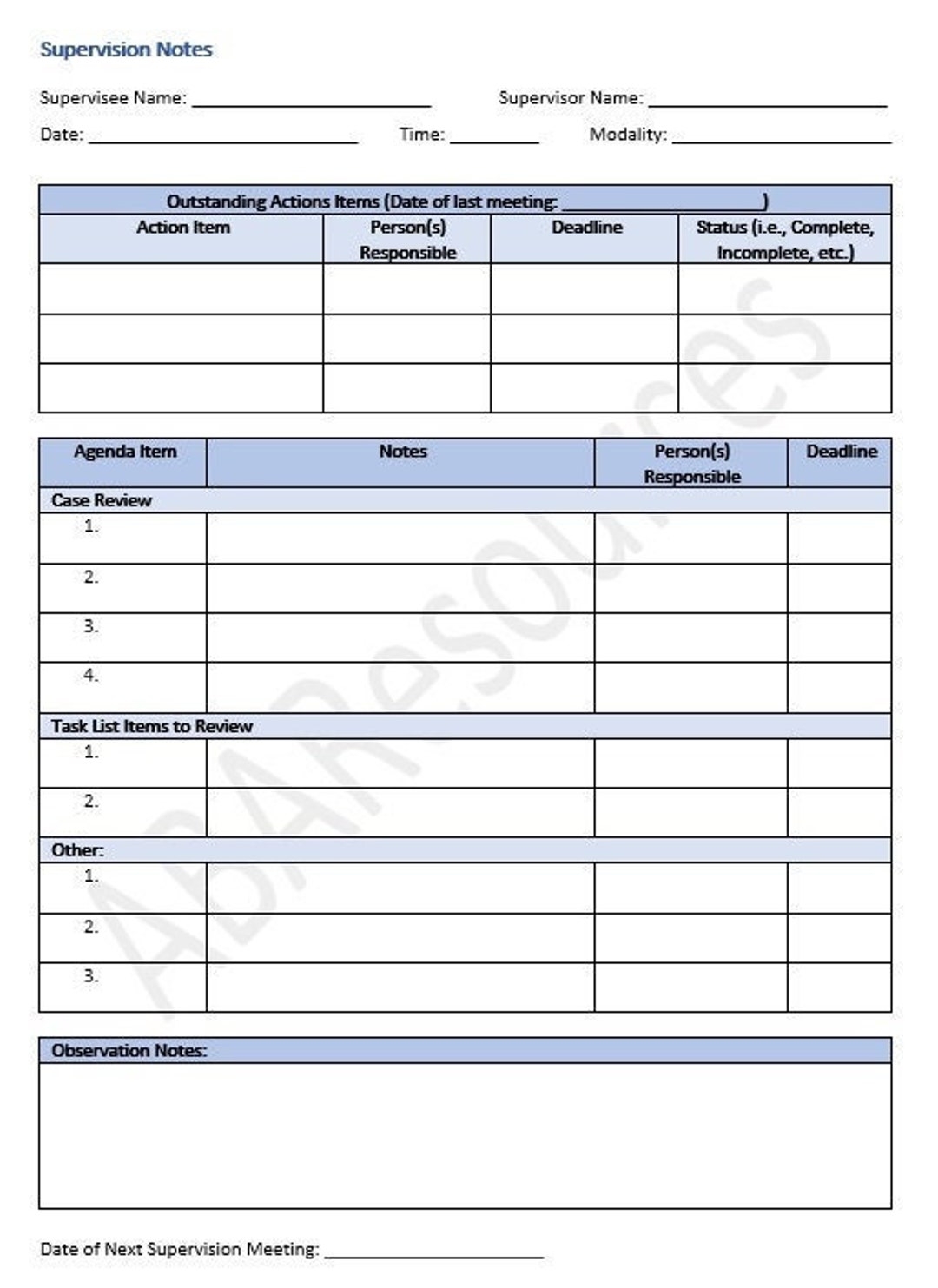 BCBA Supervision Notes Template Digital Word Download Customizable Template To Suit Your Style Of Supervision Note taking Etsy
