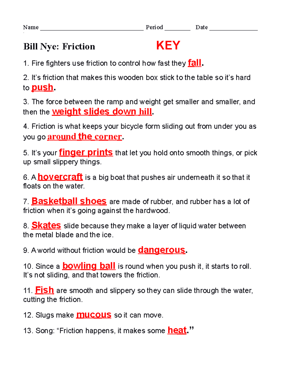 Bill Nye Friction Ws And Key Name Period Date Studocu