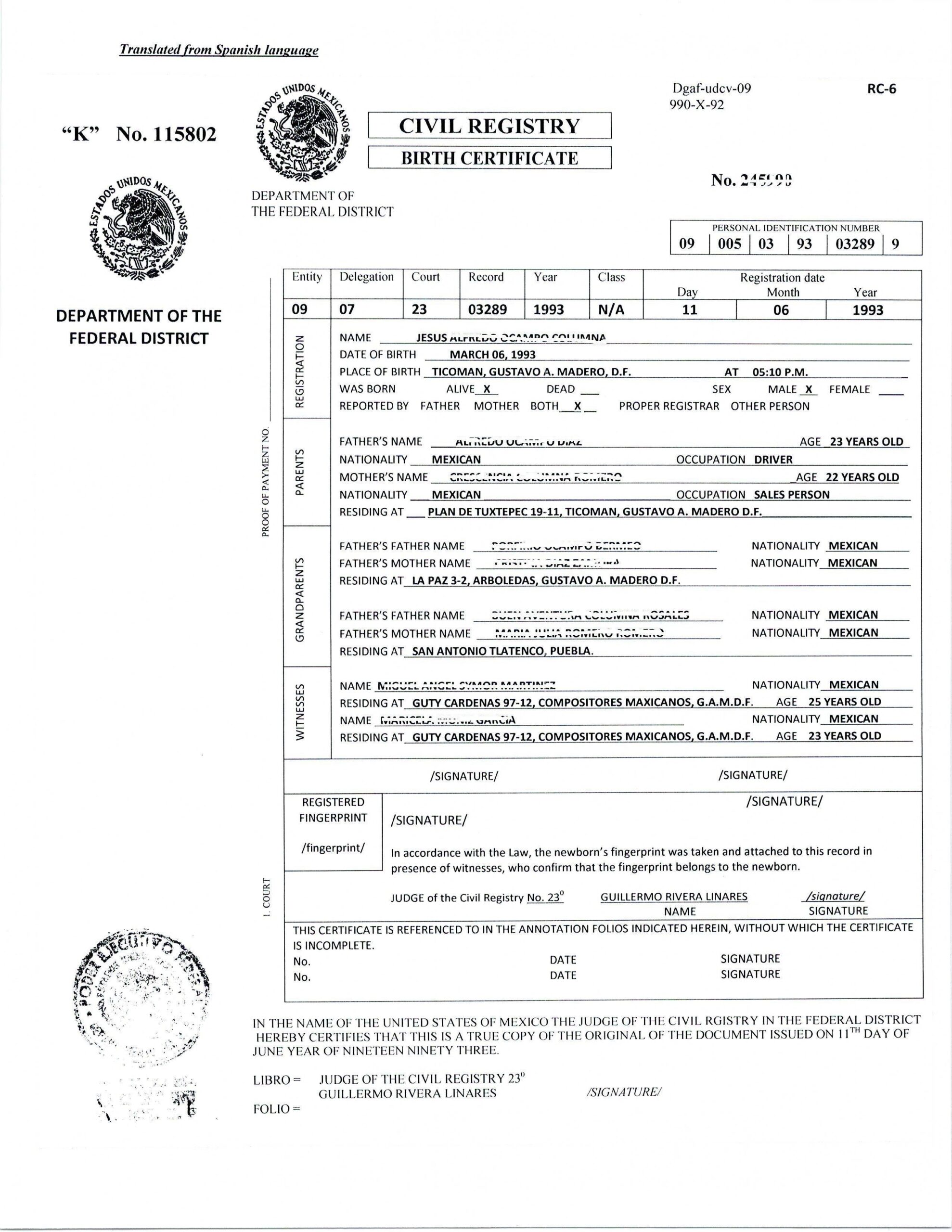 Birth Certificate Translation Template Uscis