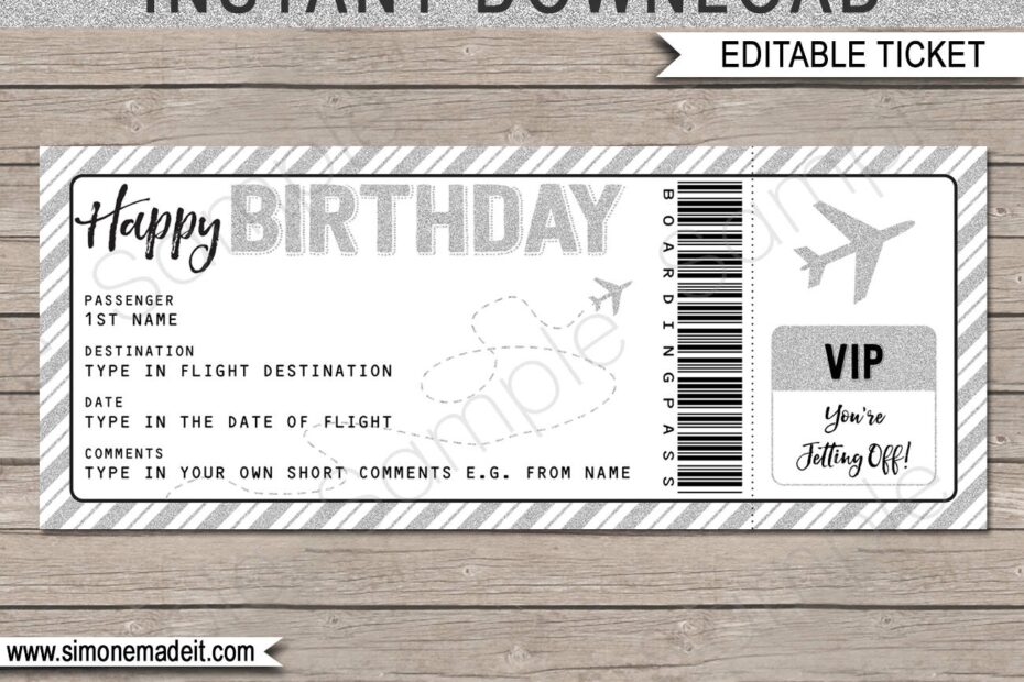 Birthday Gift Airplane Ticket Printable Boarding Pass Voucher Coupon Surprise Trip Reveal Silver Fake Plane EDITABLE TEXT DOWNLOAD Etsy