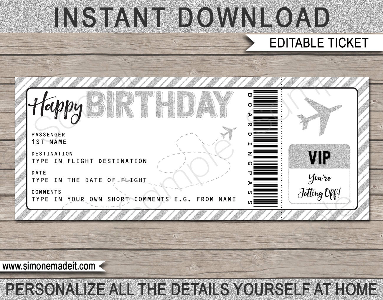 Birthday Gift Airplane Ticket Printable Boarding Pass Voucher Coupon Surprise Trip Reveal Silver Fake Plane EDITABLE TEXT DOWNLOAD Etsy