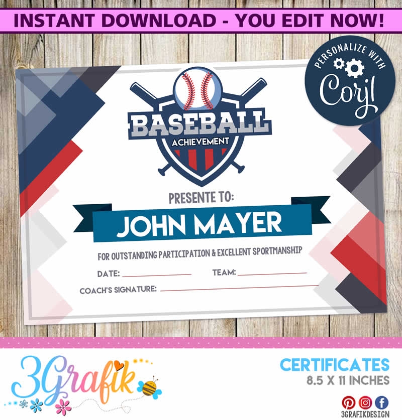 Blue Baseball Digital Template Certificate