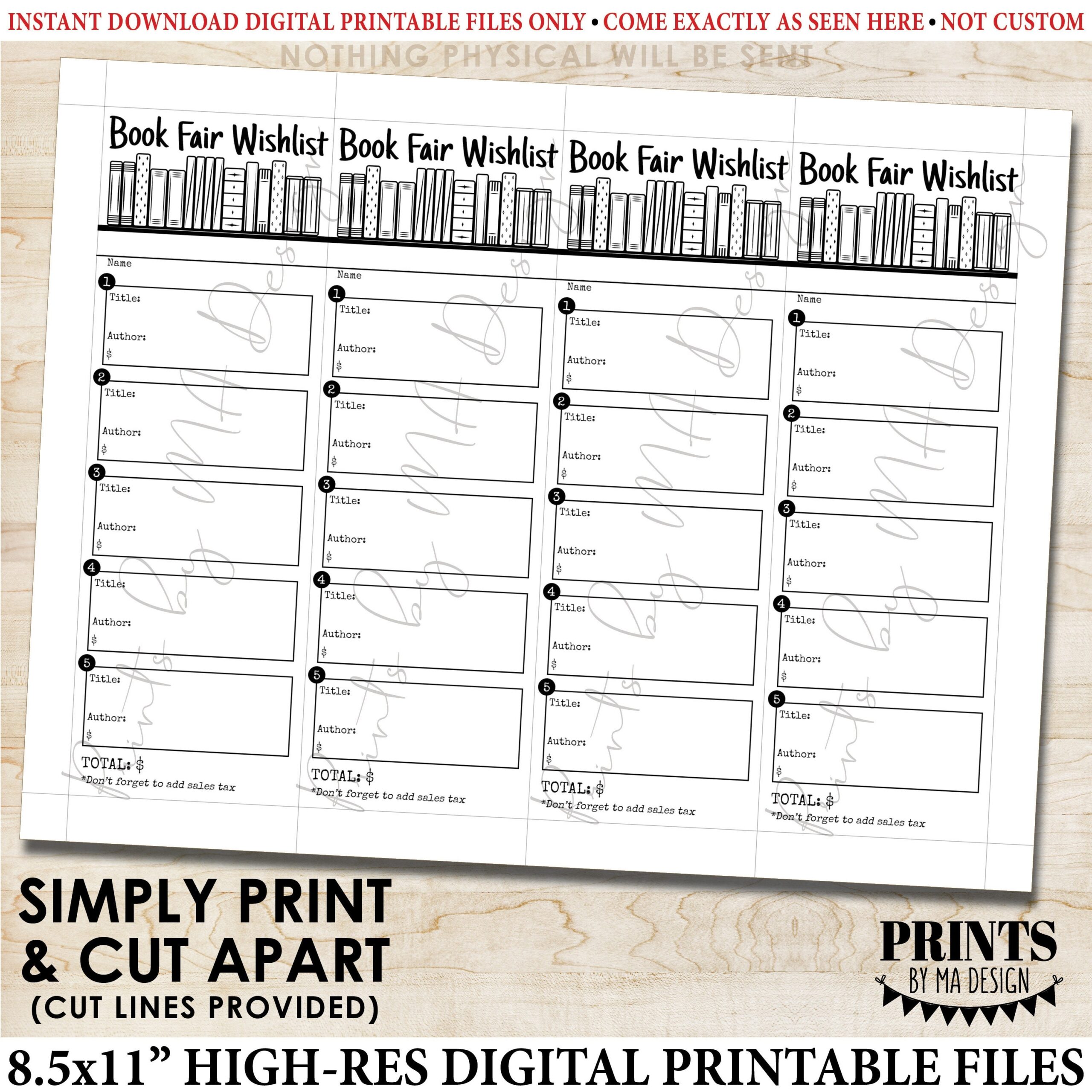 Book Fair Wishlist Bookmark School Book Wish List 2 5x7 5 Bookmarks On 8 5x11 Digital PRINTABLE File Fundraiser Instant Download