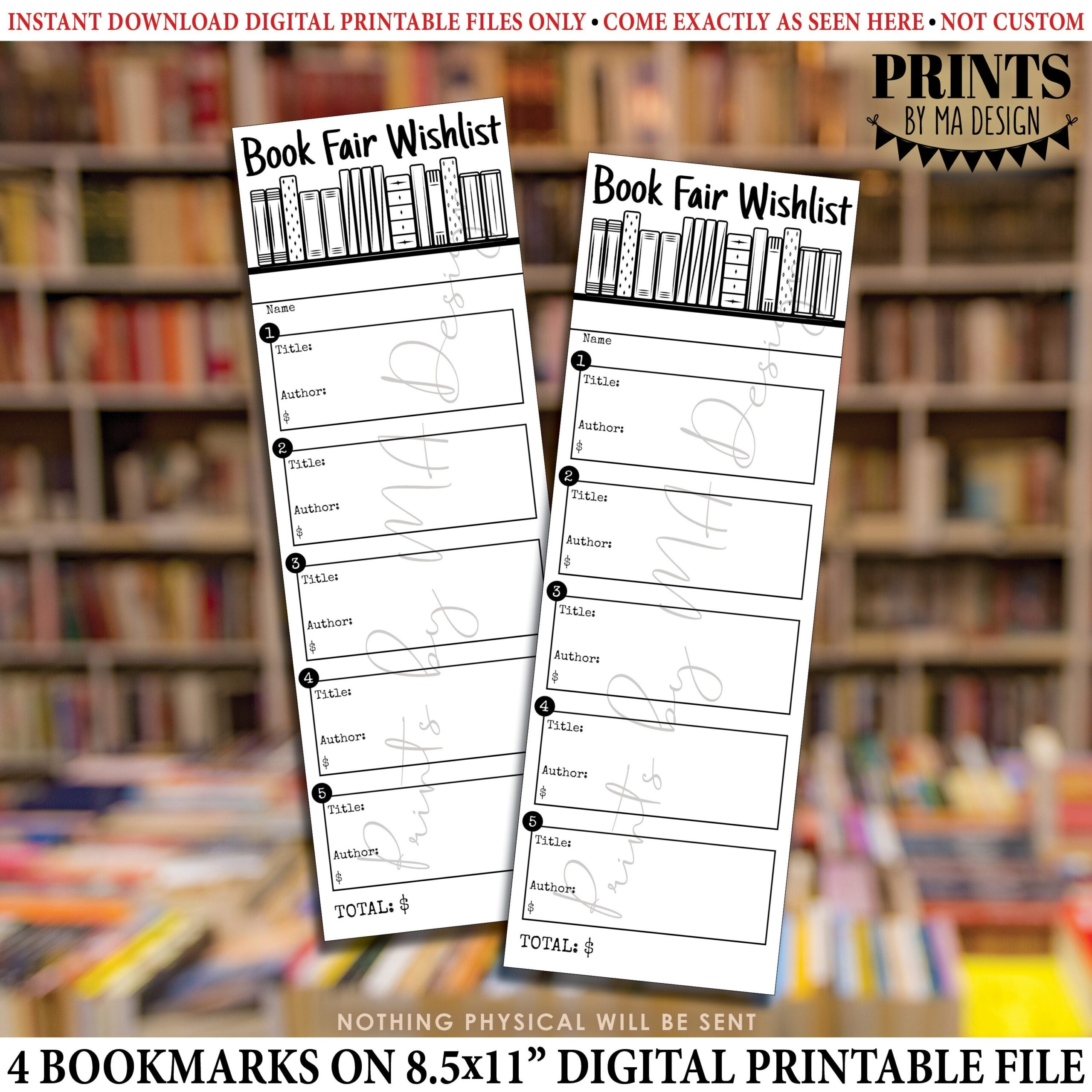 Book Fair Wishlist Bookmark School Book Wish List 2 5x7 5 Bookmarks On 8 5x11 Digital PRINTABLE File Fundraiser Instant Download