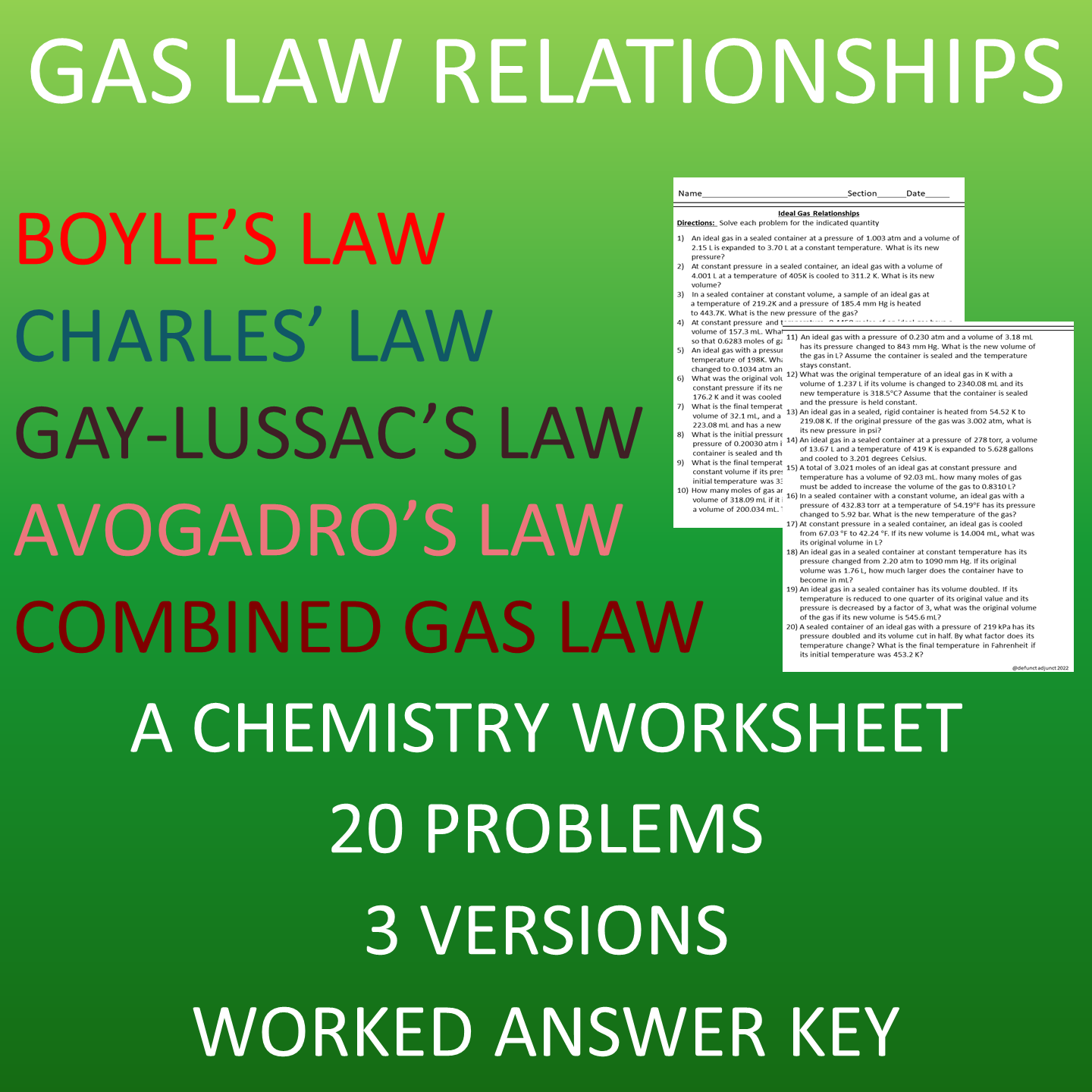 Boyle s Charles Avogadro s Gay Lussac s And Combined Gas Laws Chemistry Worksheet Made By Teachers