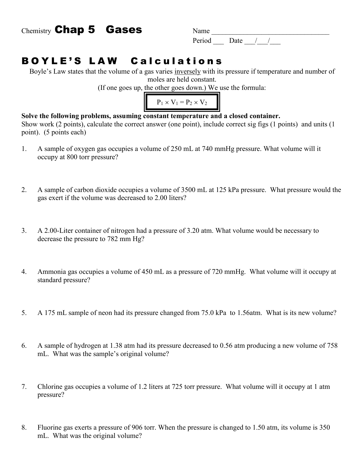 Boyle s Law Chemistry Worksheet Gas Law Calculations
