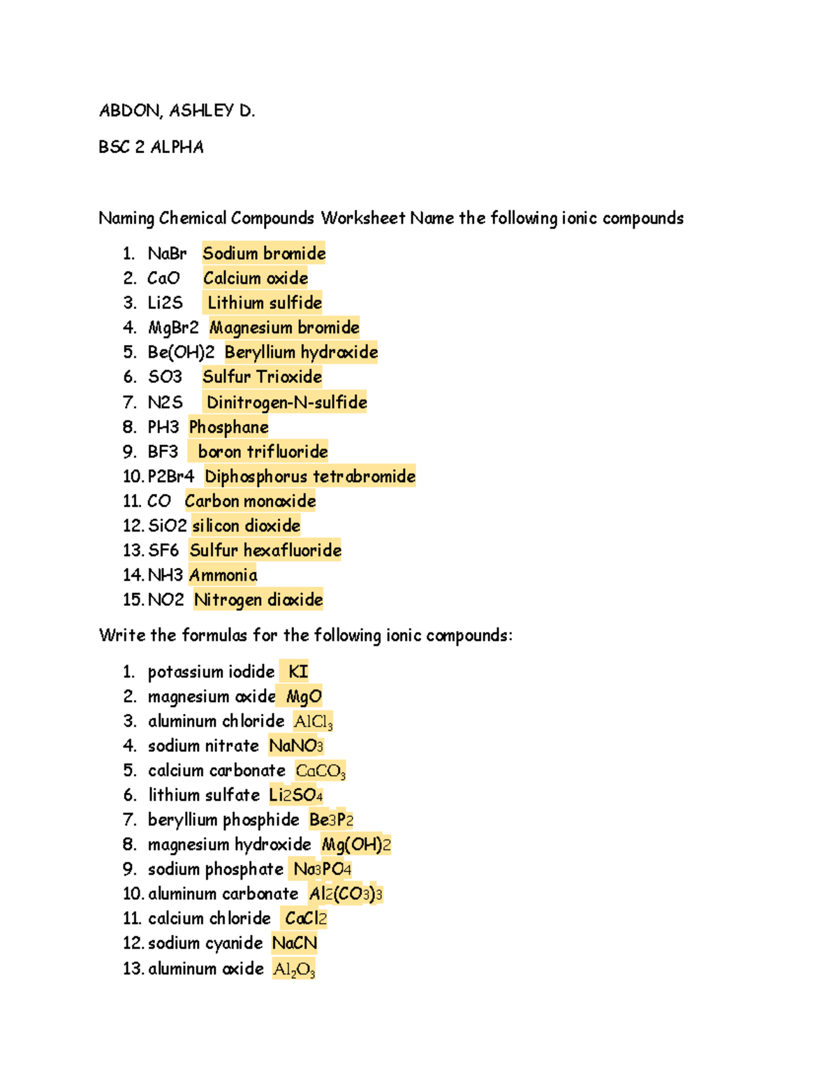 BSC 2 ALPHA Naming Chemical Compounds Activity Worksheet Studocu