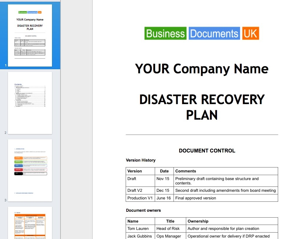 small business disaster recovery plan template