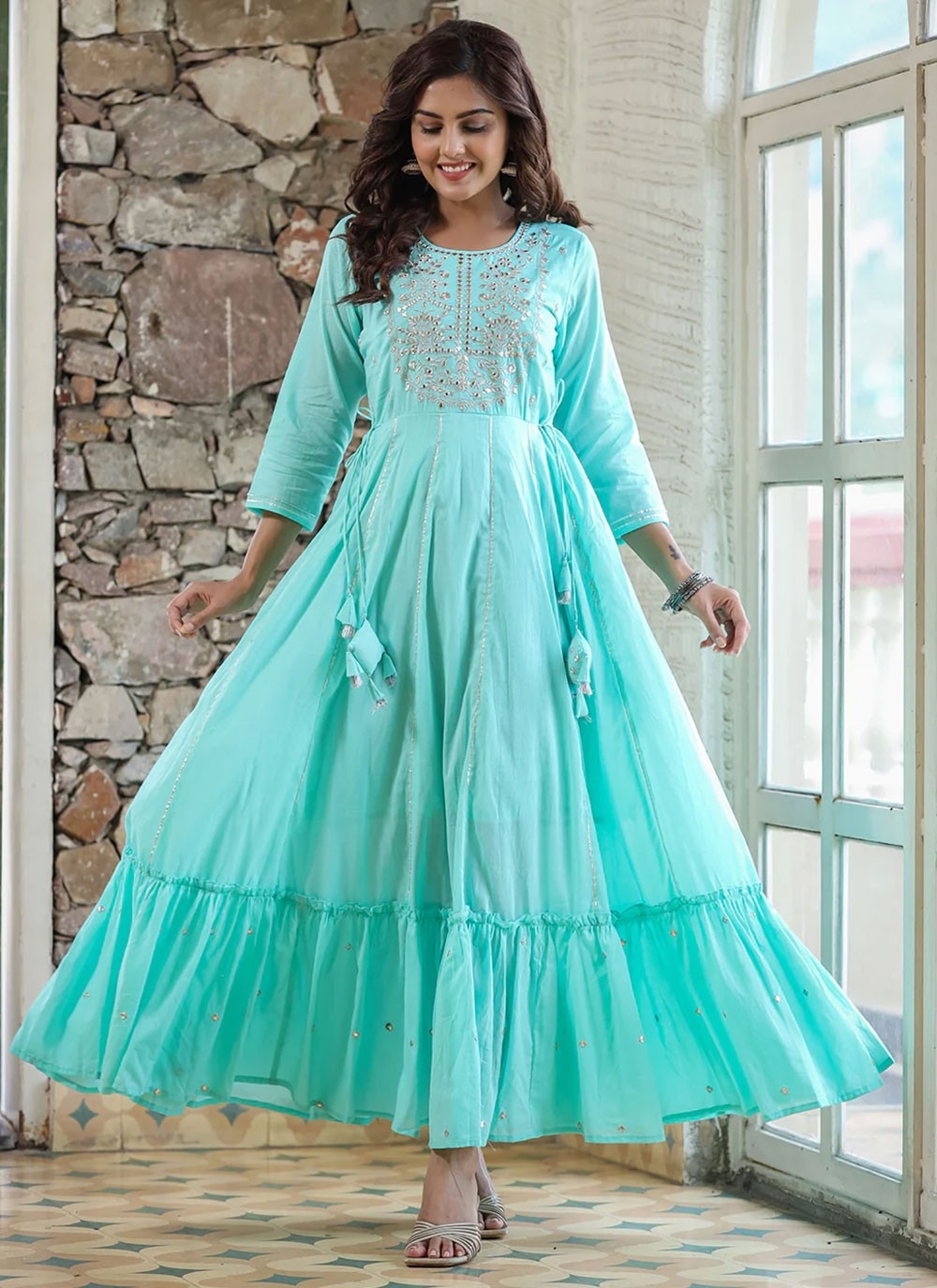 Buy Aqua Blue Mirror Cotton Trendy Gown Online