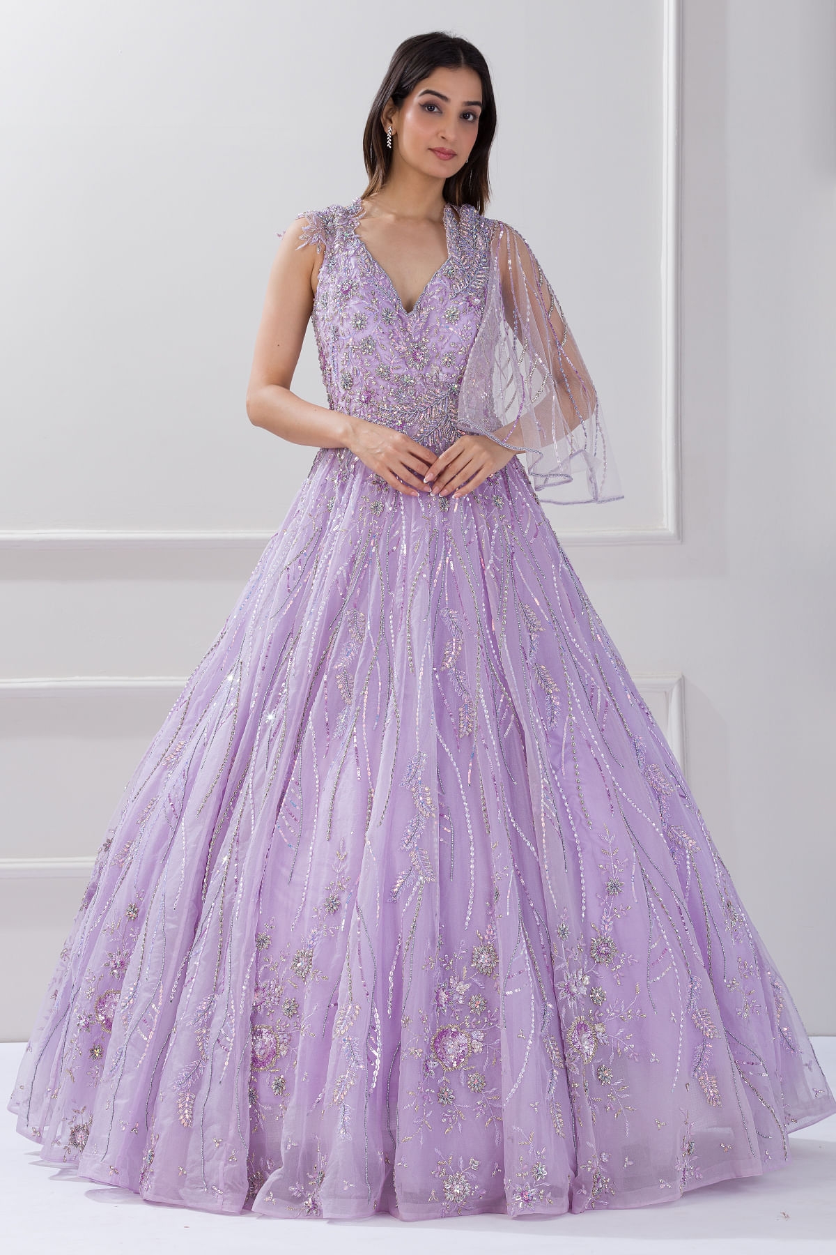 Buy Light Purple Sequins Embroidered Net Reception Gowns Online Samyakk