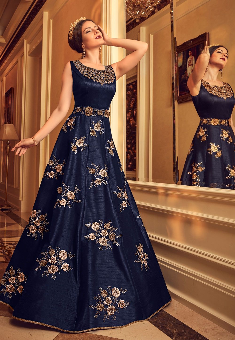 Buy Navy Blue Silk Indian Gown Style Wedding Anarkali In UK USA And Canada