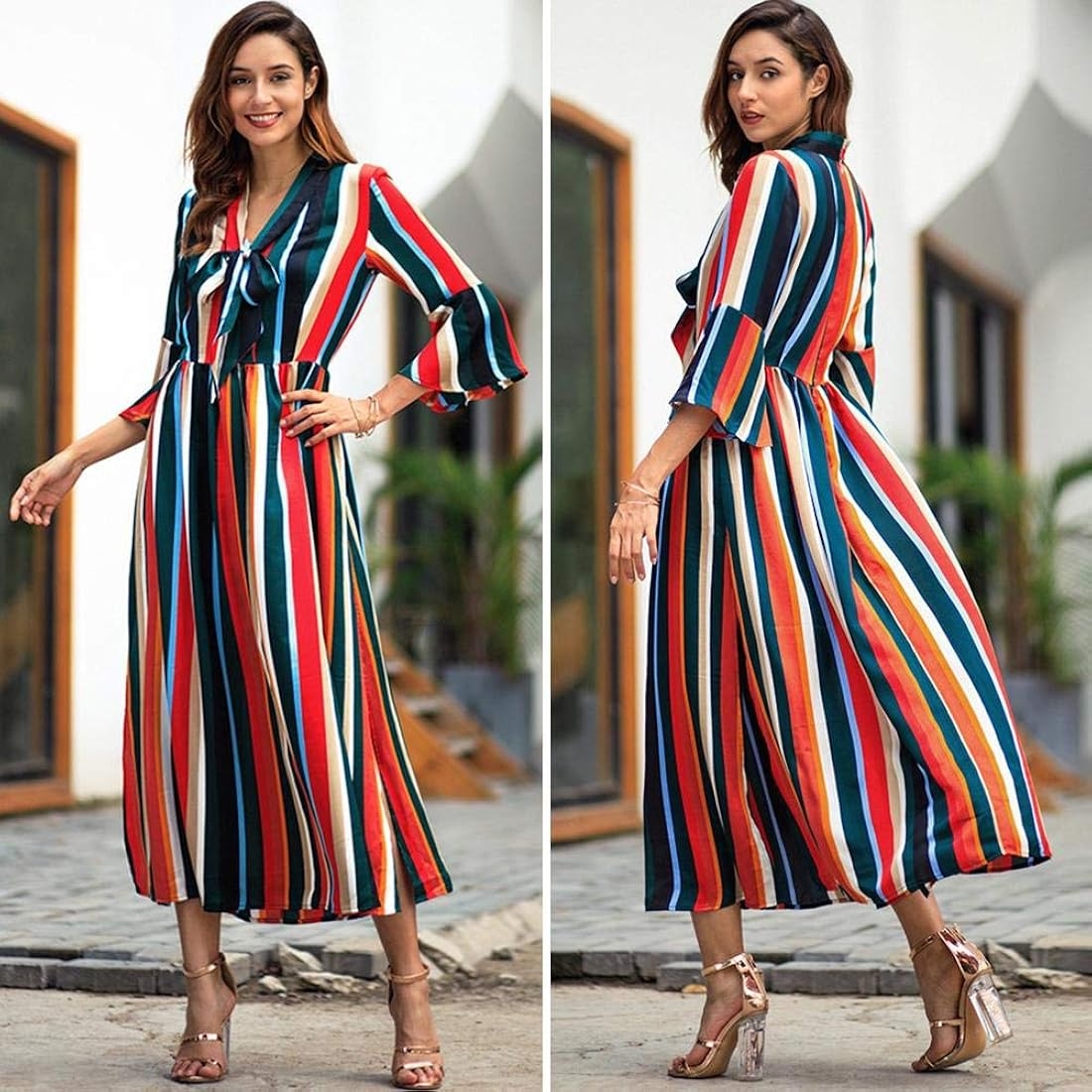 Buy Prosperveil Colorful Striped Dresses Women Slit Dress Long Sleeve V Neck Summer Long Dresses At Amazon in