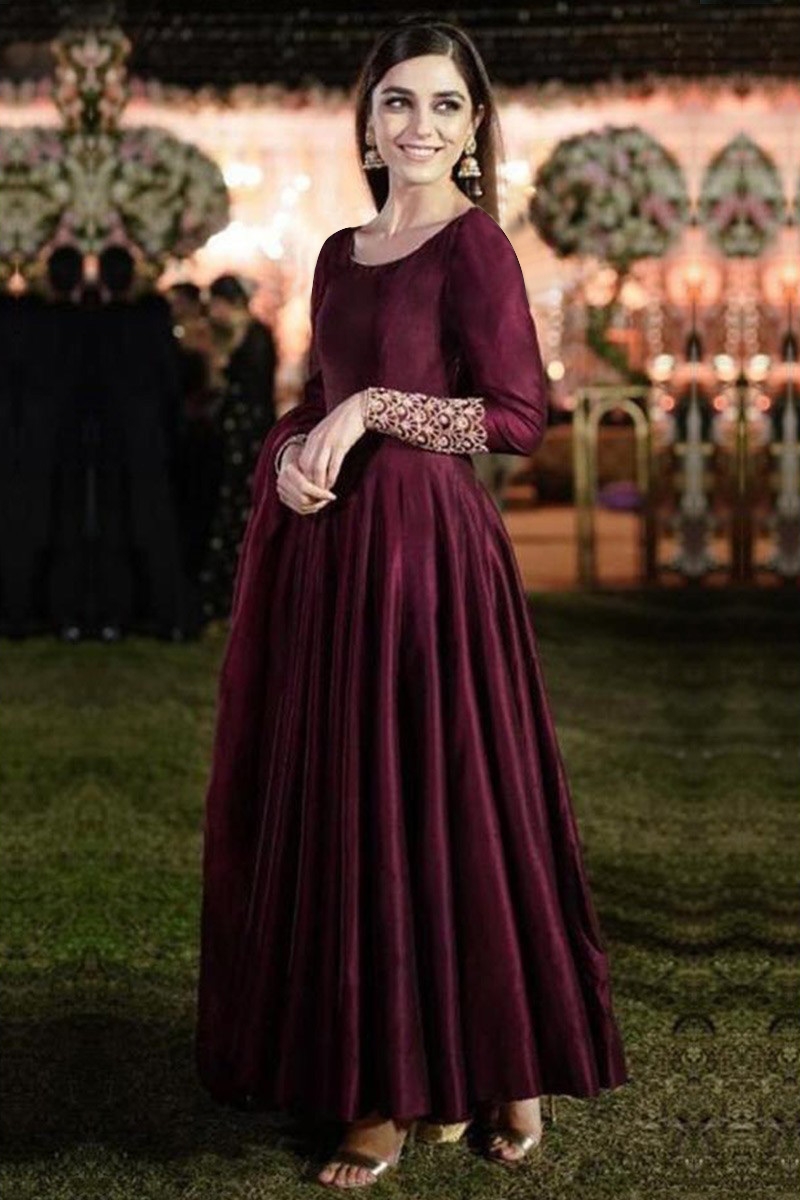 Buy Wine Color Silk Wedding Eid Anarkali Suit With Zardosi Work Online LSTA00007 Andaaz Fashion