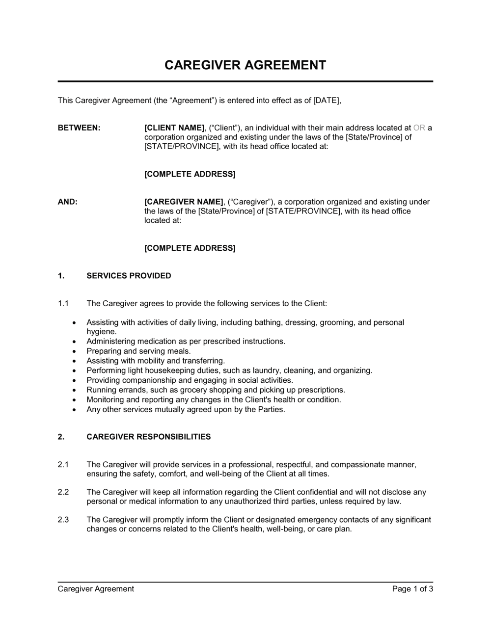 Caregiver Agreement Template
