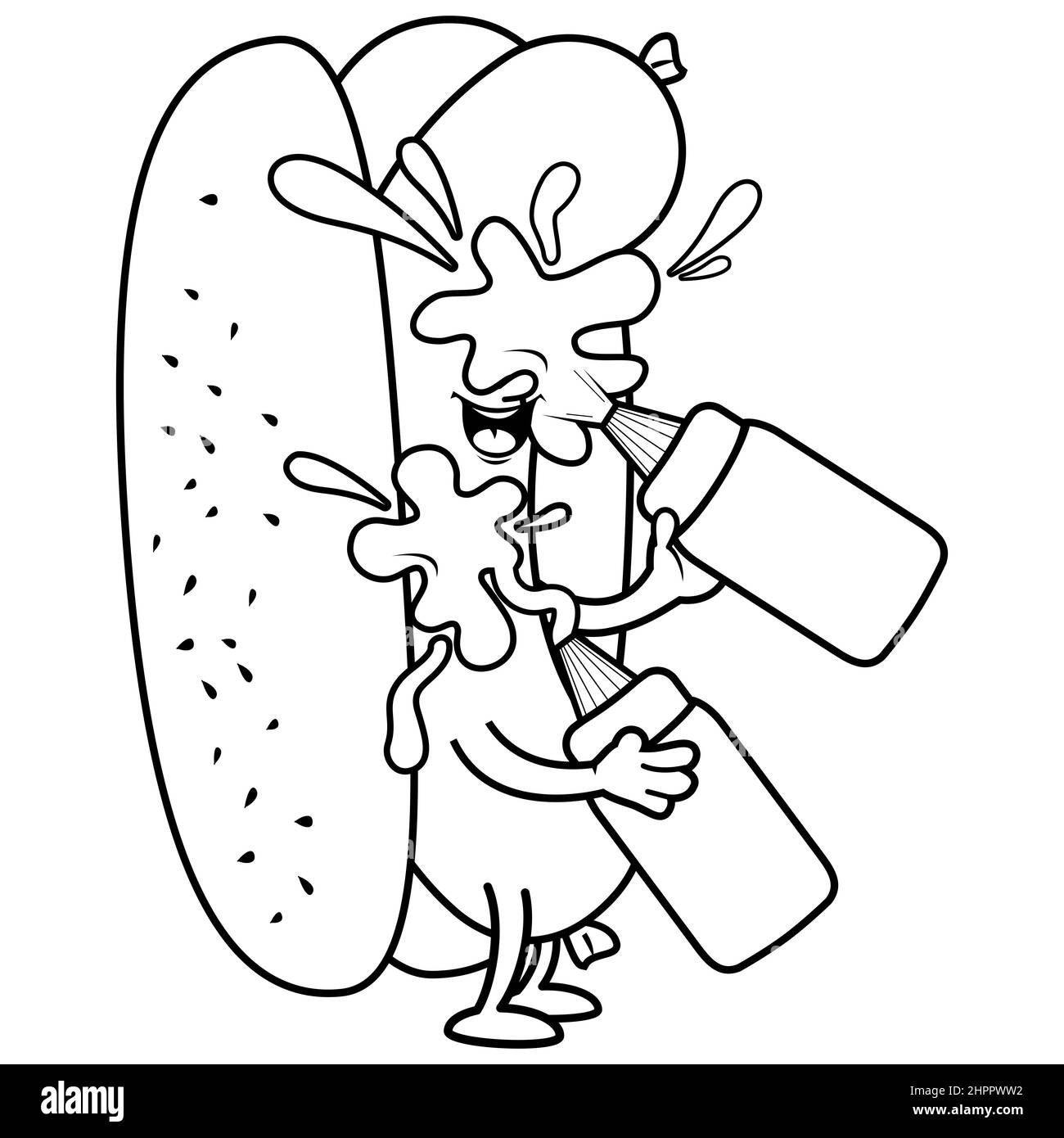 Cartoon Hot Dog Splashing Itself With Mustard And Ketchup Black 