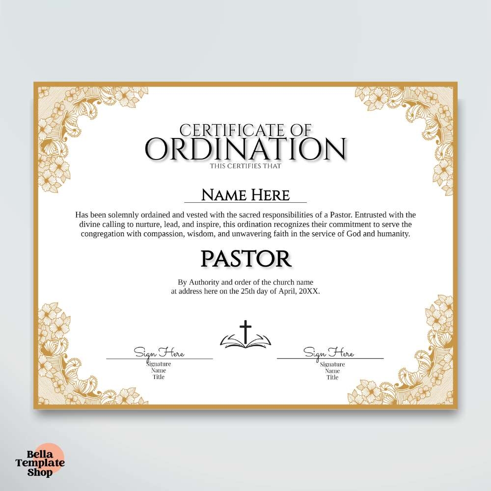 Certificate Of Ordination Pastor Bella Template Shop