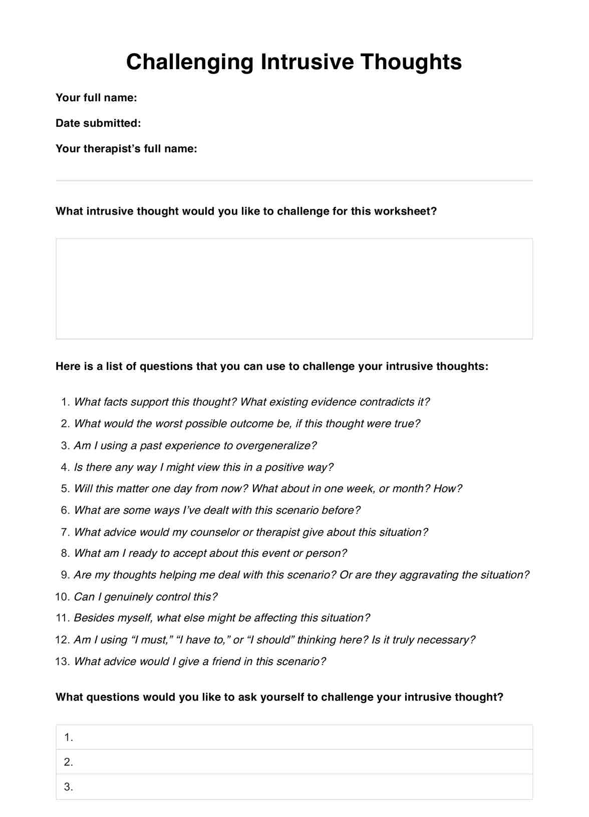 Challenging Intrusive Thoughts Worksheet U0026 Example Free PDF Download