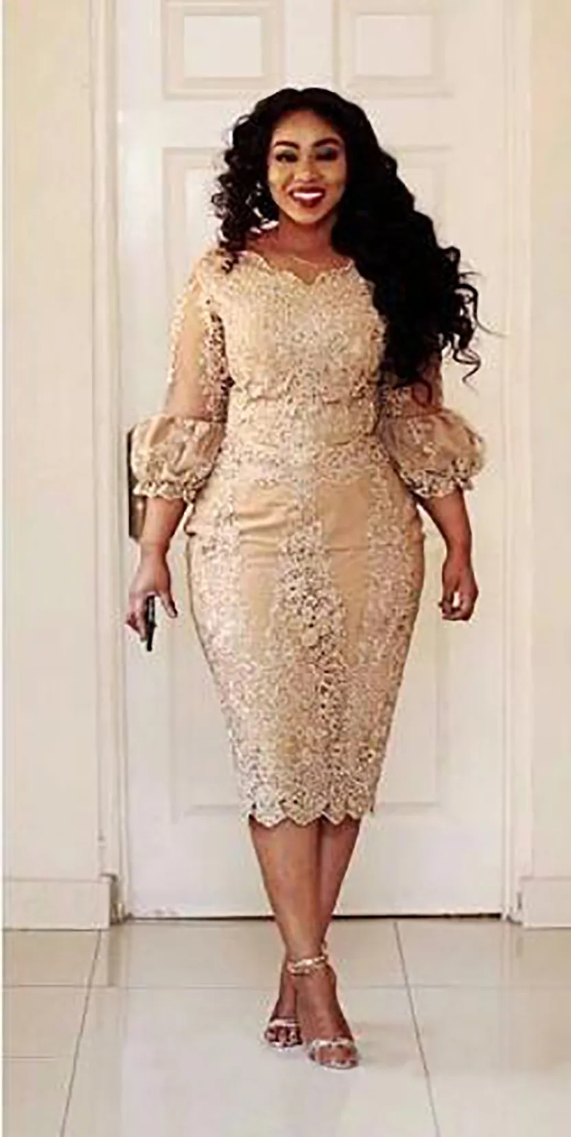 Champagne Lace Tea Length Mother Of The Bride Dresses Plus Size Sheath 3 4 Sleeve Formal Evening Gown
