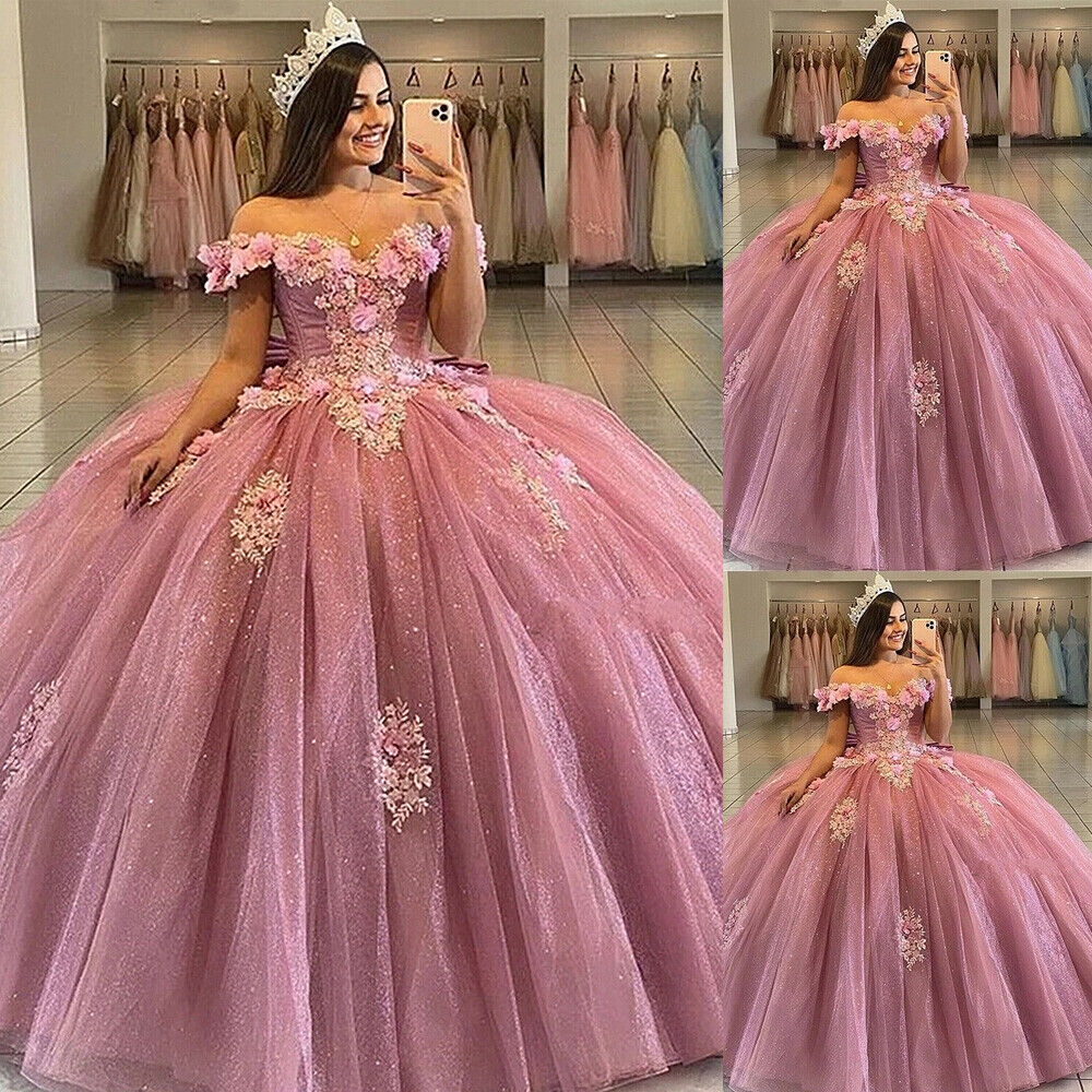 Charming Off The Shoulder Quinceanera Dresses Pink 3D Flowers 