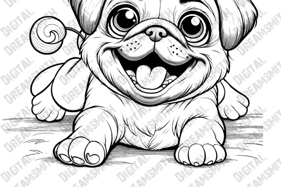 Charming Pug Puppy Coloring Page Printable PDF For All Ages Instant Download