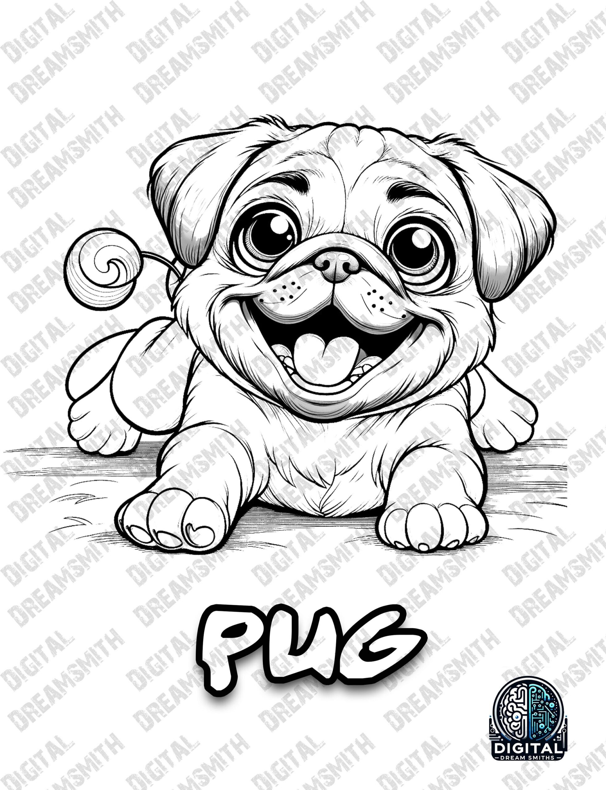 Charming Pug Puppy Coloring Page Printable PDF For All Ages Instant Download