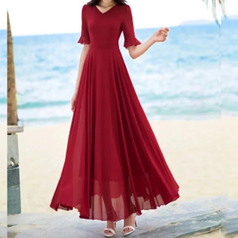 Cheap V neck Elegant Fashion Short Sleeve Solid Color Slender Knee length A LINE Dresses Empire Comfortable Chiffon Women s Clothing Joom