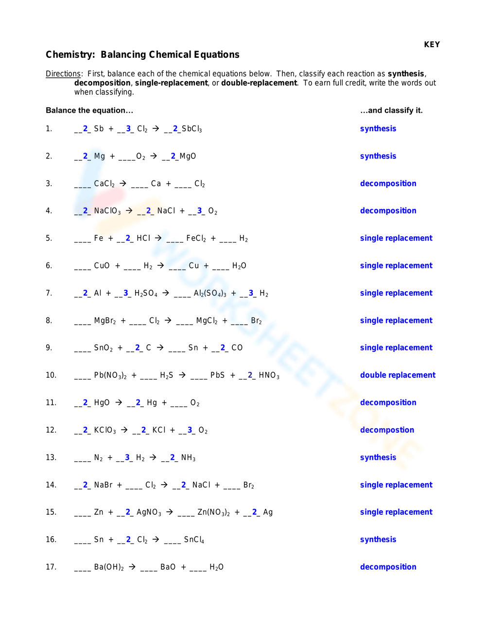 chemical equations balancing equations worksheet