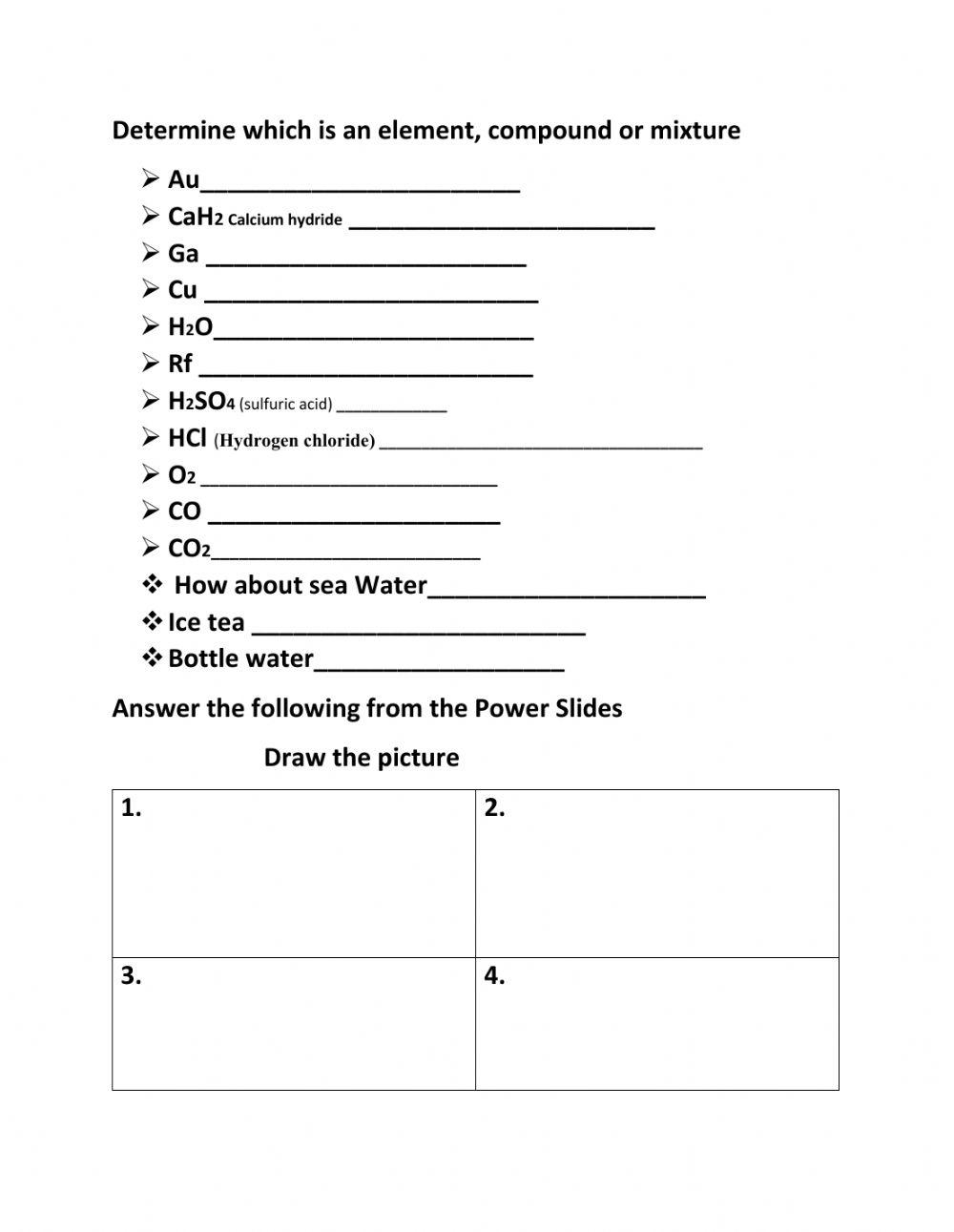 mixtures compounds and elements worksheet