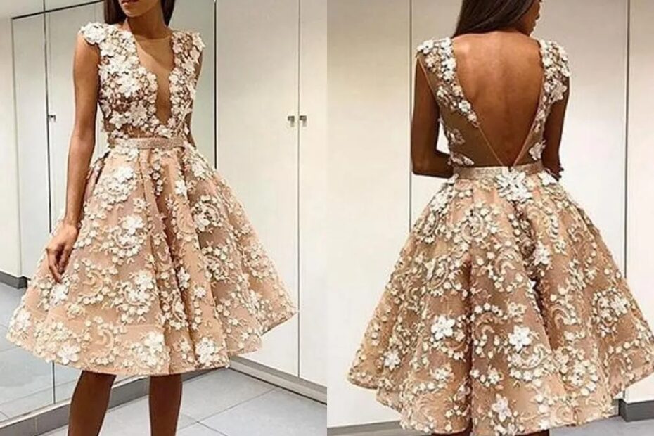 Chic A Line Cocktail Dress Short Champagne Jewel Neck Lace Appliqued Sexy V Back Knee Length Party U0026 Homecoming Gown Perfect Short Homecoming