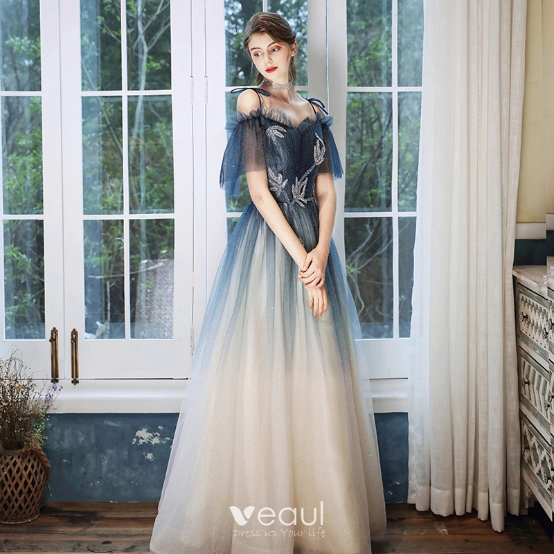 Chic Beautiful Navy Blue Gradient Color Champagne Evening Dresses 2020 A Line Princess Off The Shoulder Spaghetti Straps Short Sleeve Beading Glitter Tulle Floor Length Long Ruffle Formal Dresses