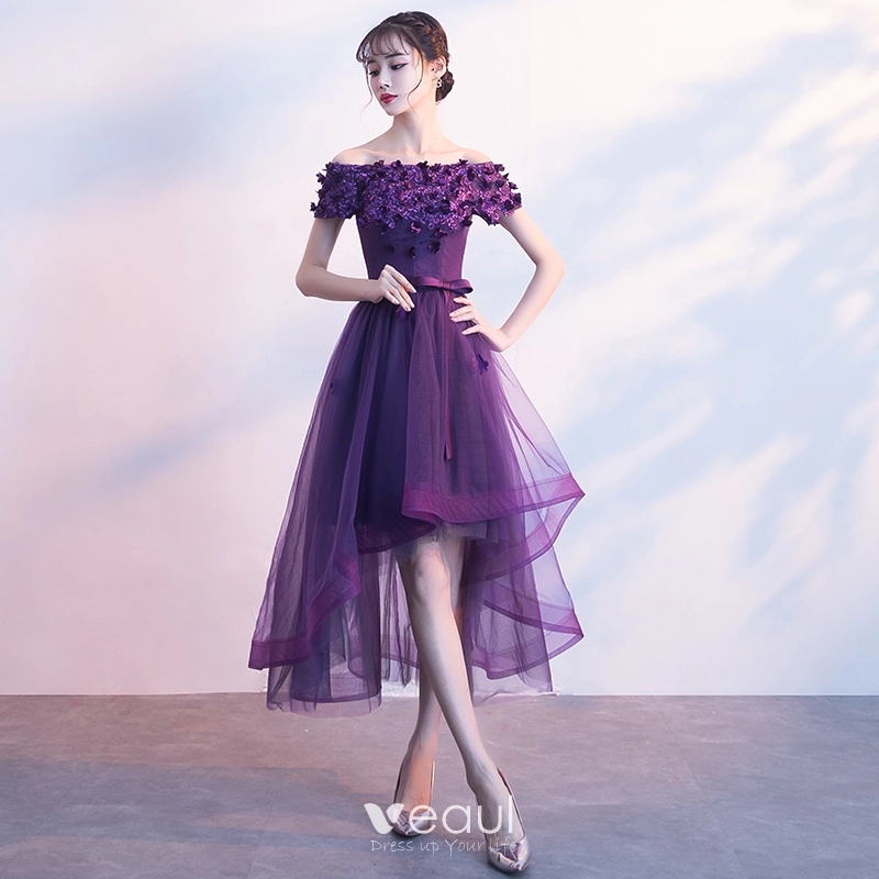 Chic Beautiful Purple Cocktail Dresses 2017 A Line Princess Bow Appliques Crystal Formal