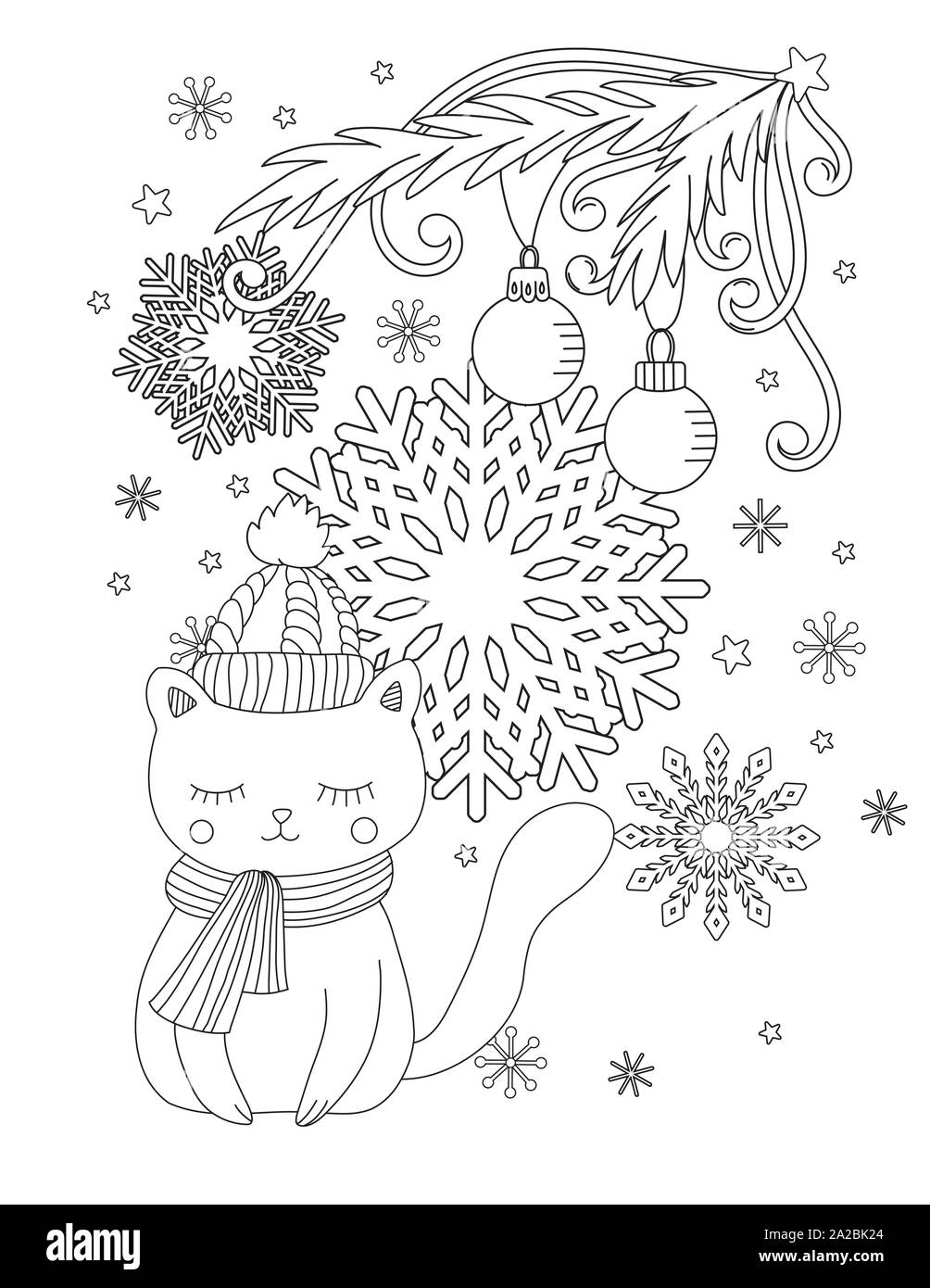 Christmas Coloring Page For Kids And Adults Cute Cat With Scarf And Knitted Cap Hand Drawn Vector Illustration Stock Vector Image U0026 Art Alamy