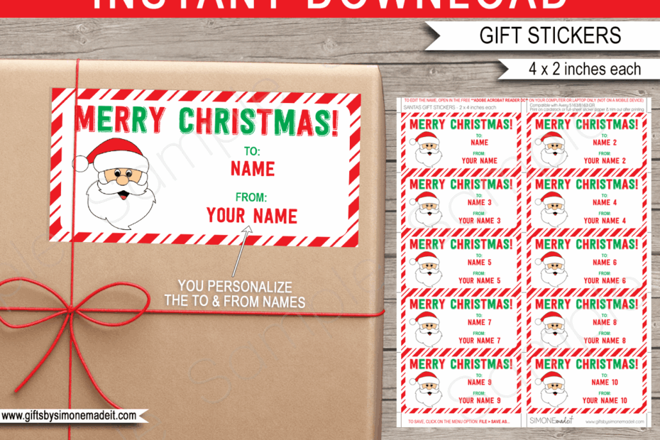 Christmas Gift Labels Template Santa Claus From Your Name Red U0026 Green