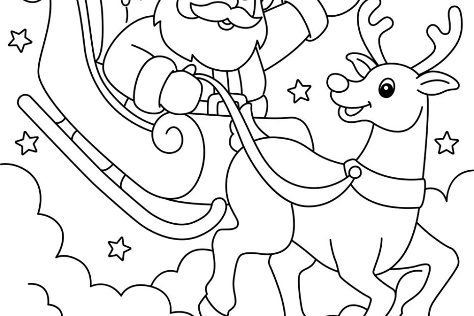 Christmas Santa Sleigh And Reindeer Coloring Page Vector Image