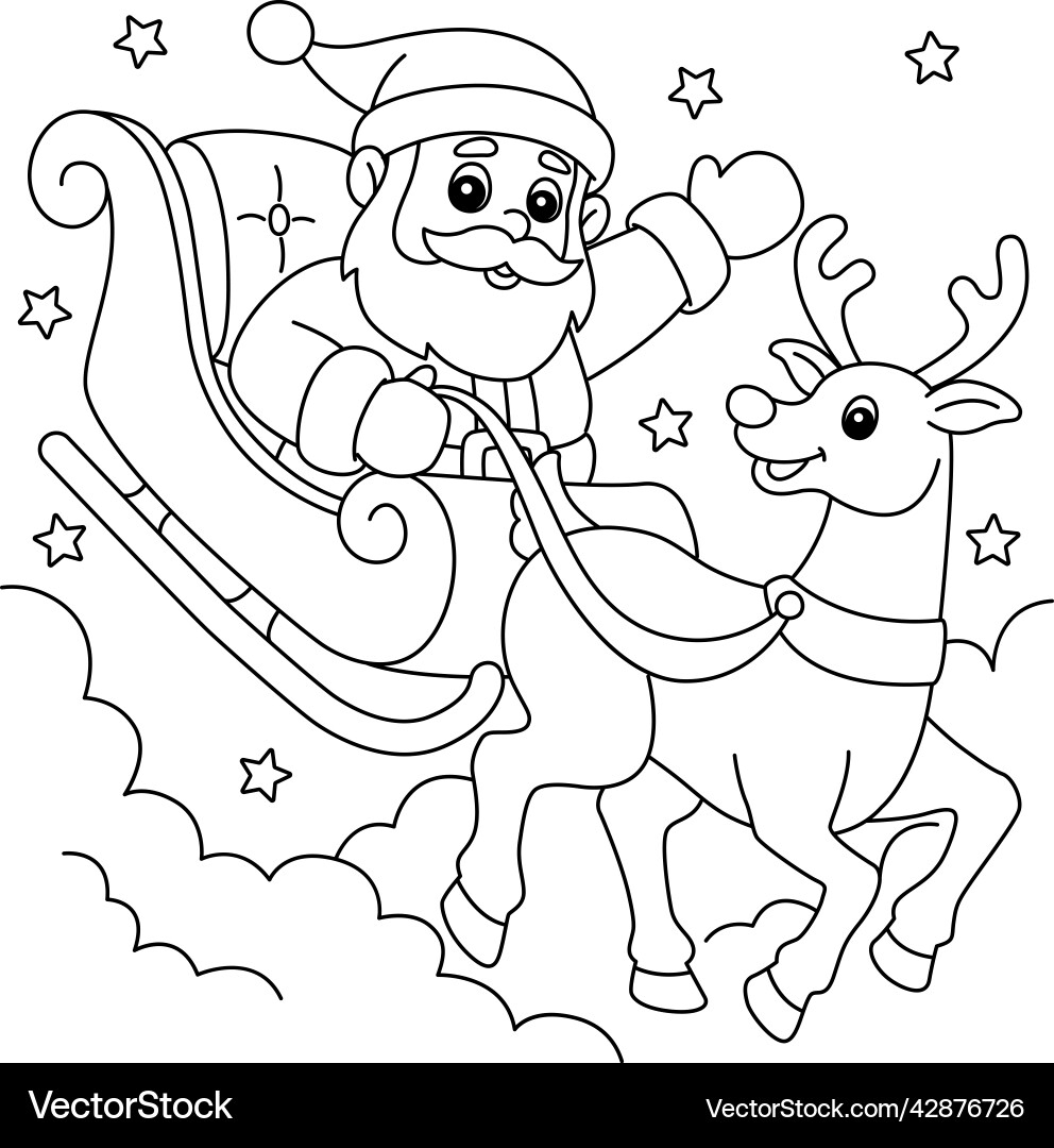 Christmas Santa Sleigh And Reindeer Coloring Page Vector Image
