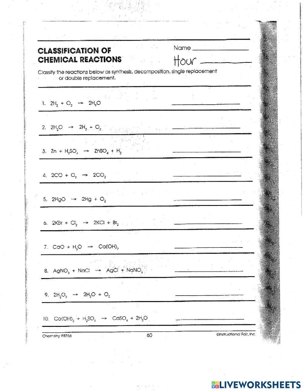 Classification Of Chemical Reactions Online Exercise For Live Worksheets Library
