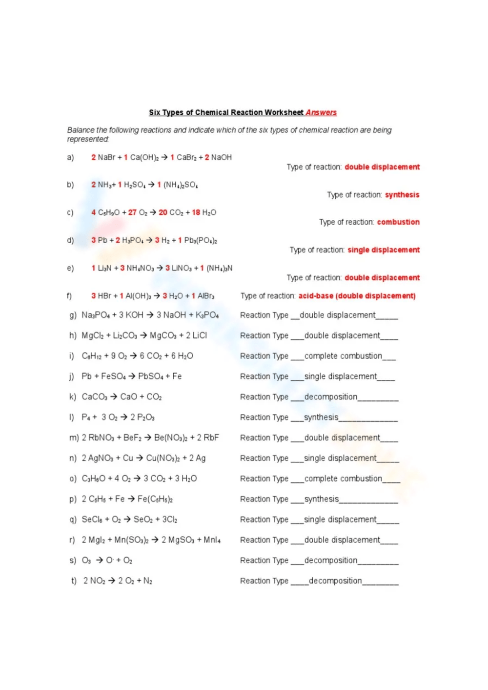 Classifying Chemical Reaction Key Worksheet Worksheets Library