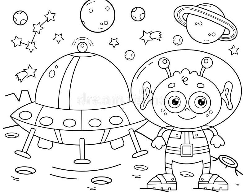 Coloring Page Outline Of A Cartoon Alien With A Flying Saucer On A Planet In Space Coloring Book For Kids Stock Vector Illustration Of Earth Aliens 195819191