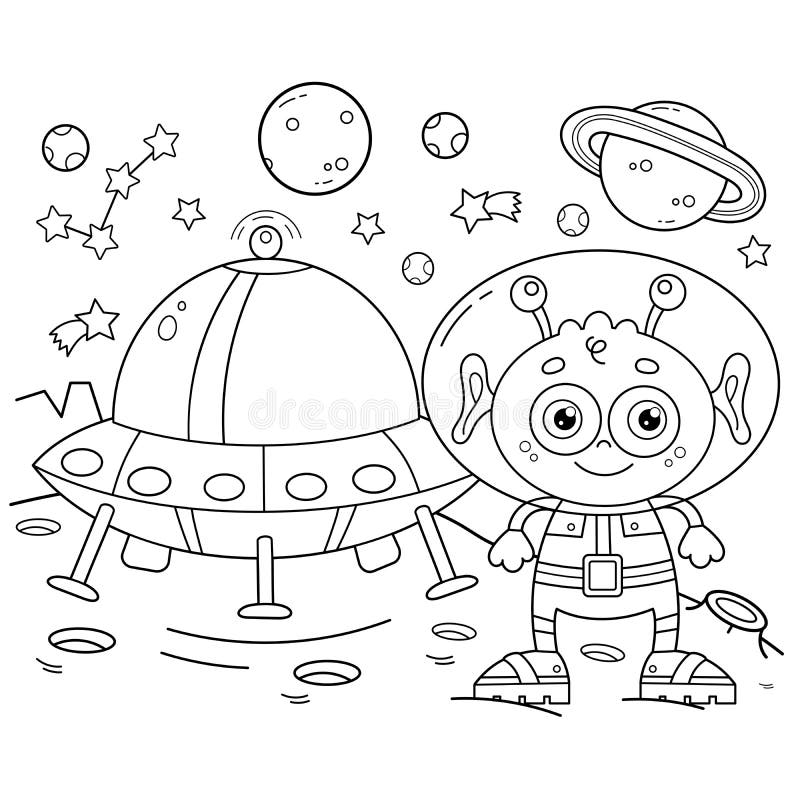 Coloring Page Outline Of A Cartoon Alien With A Flying Saucer On A Planet In Space Coloring Book For Kids Stock Vector Illustration Of Earth Aliens 195819191