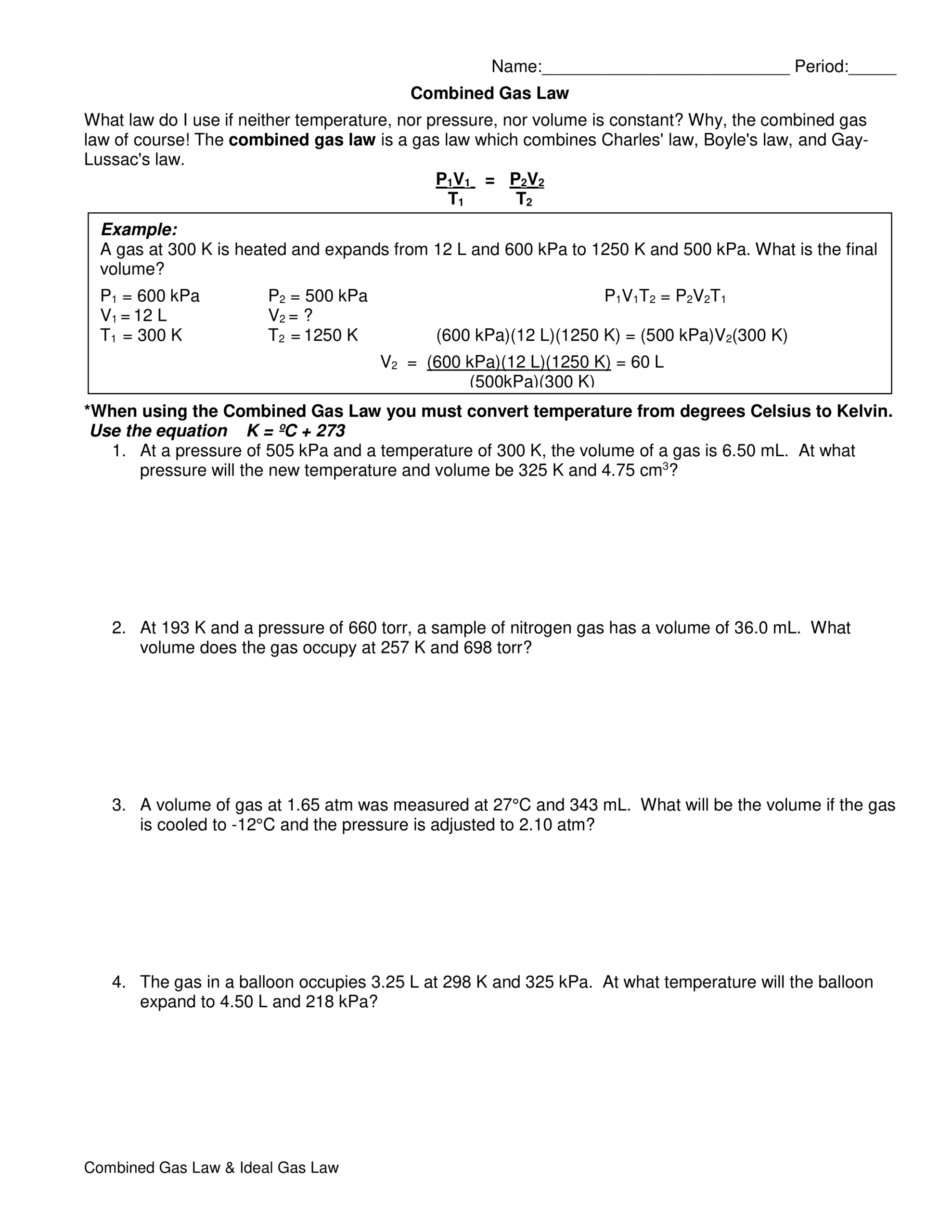 Combined Gas Law Worksheet Alicia Barrett Library Formative Worksheets Library