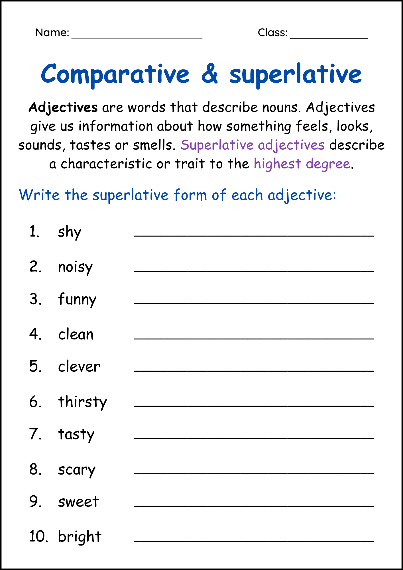 Comparative And Superlative Adjectives Grammar Worksheets For Grade 1 2 3