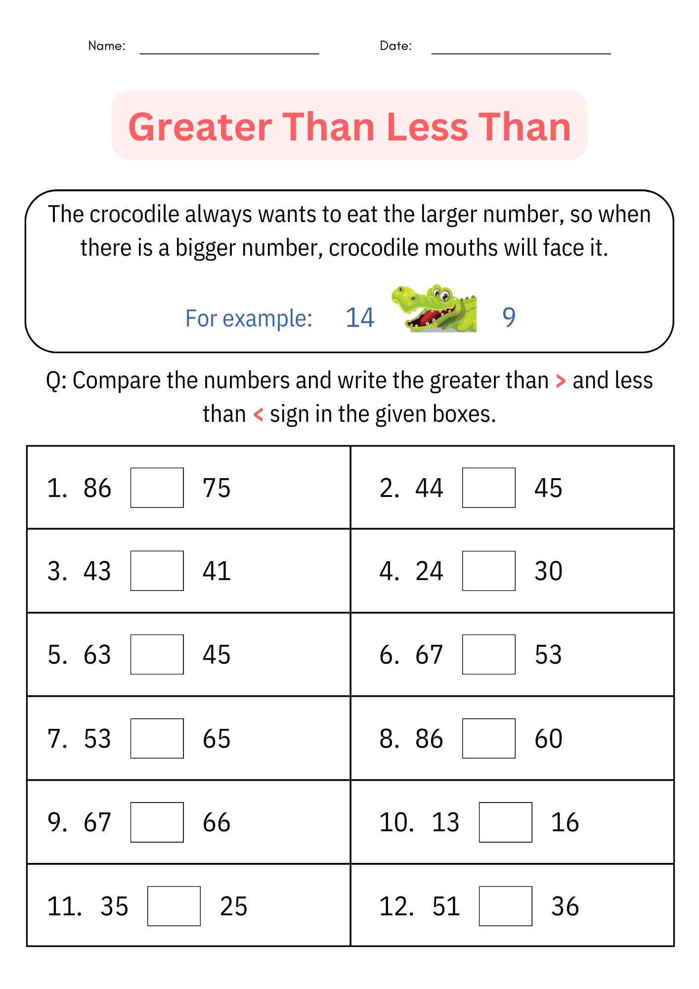 Comparing Numbers To 100 Greater Than Less Than Worksheets For 
