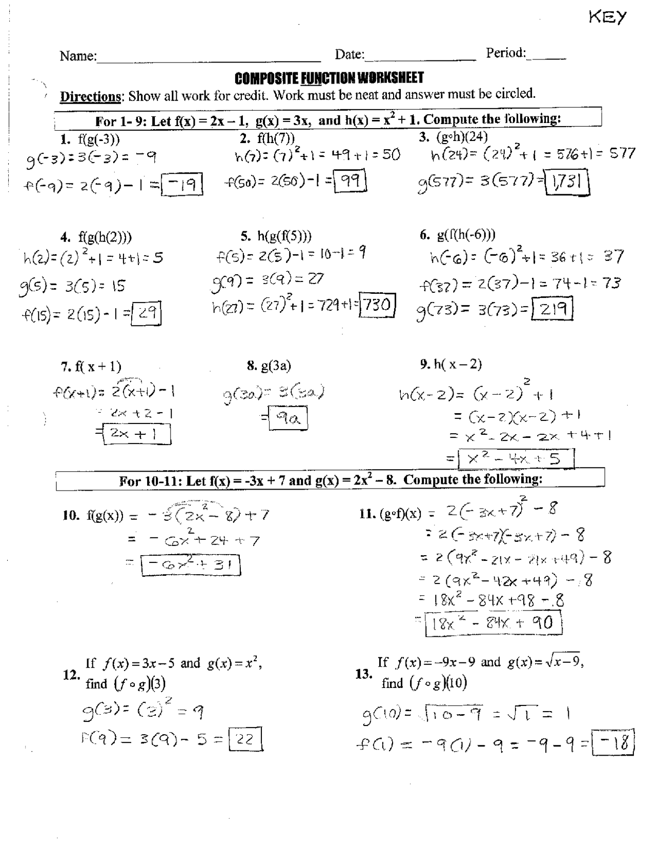 Composite Functions Worksheet With Answers Exercises Algebra 
